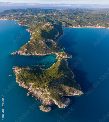 panorama of Porto Timoni beach in Corfu Greece aerial view