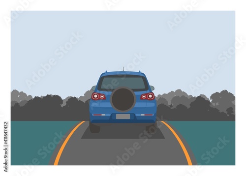 Car carrying spare tire passing narrow road with forest background. Simple flat illustration