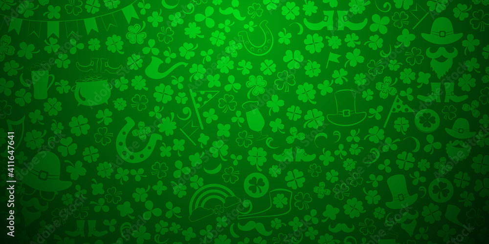 Background on St. Patrick's Day made of clover leaves and other symbols in green colors