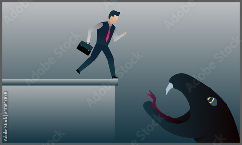 
vector illustration of business man fighting a large black snake, fighting fear concept