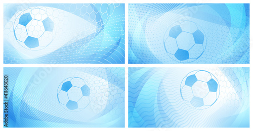 Set of four football or soccer backgrounds with big ball in light blue colors