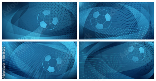 Set of four football or soccer backgrounds with big ball in light blue colors