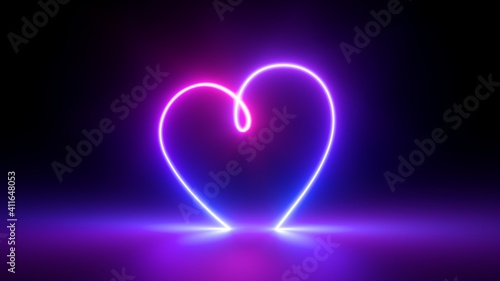3d render, abstract ultraviolet background with neon heart frame. Modern minimal line art. Valentines Day romantic symbol glowing in the dark