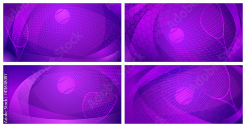 Set of four abstract tennis backgrounds with ball and racket in purple colors
