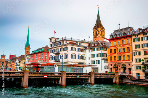 Beautiful river Limmat and city center of Zurich, Switzerland