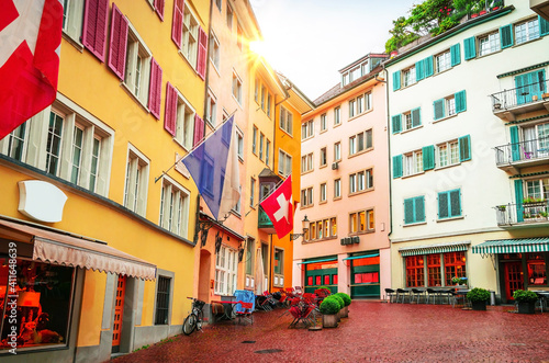 Fototapeta Naklejka Na Ścianę i Meble -  Beautiful cozy street in the city center of Zurich, Switzerland