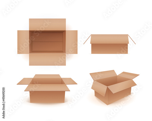 Vector Photo Realistic Empty Cardboard Crates Isolated On White. Top, Front And Perspective Views