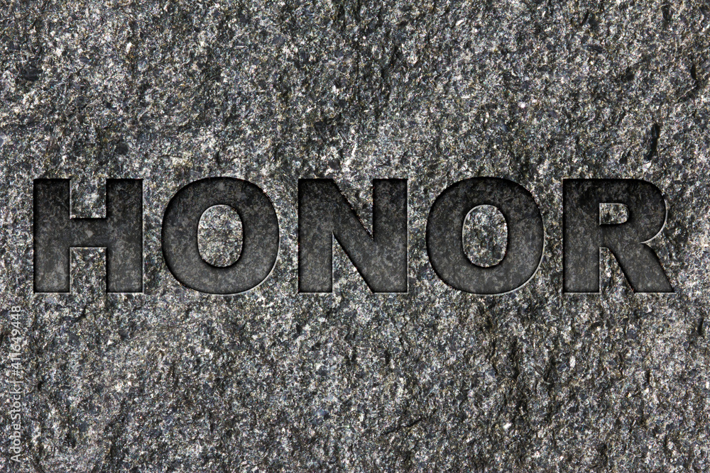 Honor etched in bold, dark gray text on black granite. Honor etched in bold, dark gray text on black granite.