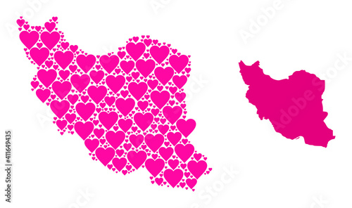 Love mosaic and solid map of Iran. Mosaic map of Iran composed from pink love hearts. Vector flat illustration for marriage concept illustrations.