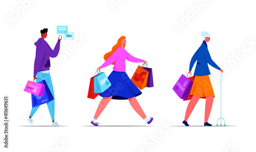 Vector illustration with set buyers of different ages. Concept shopping.