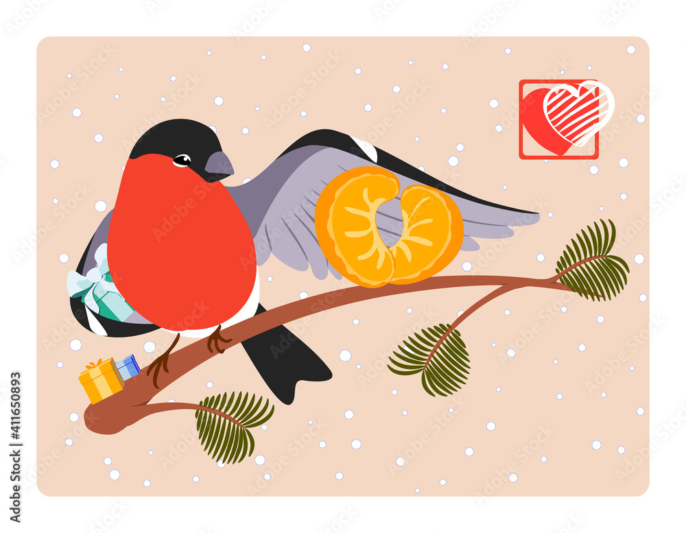 Hand-drawn illustration of a cute bullfinch sitting on a branch with gifts. Two juicy tangerine slices representing a heart. Template for creating love related postcards, banners etc.