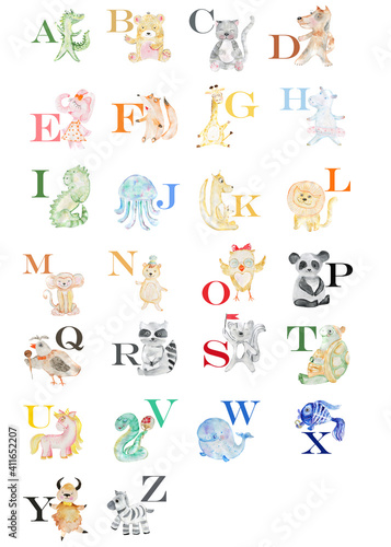 English alphabet with watercolor animals. Children s illustration.