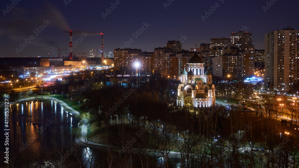 A view to Solntsevsky pond and the Temple of St. Sergius of Radonezh in Solntsevo, Moscow, Russia