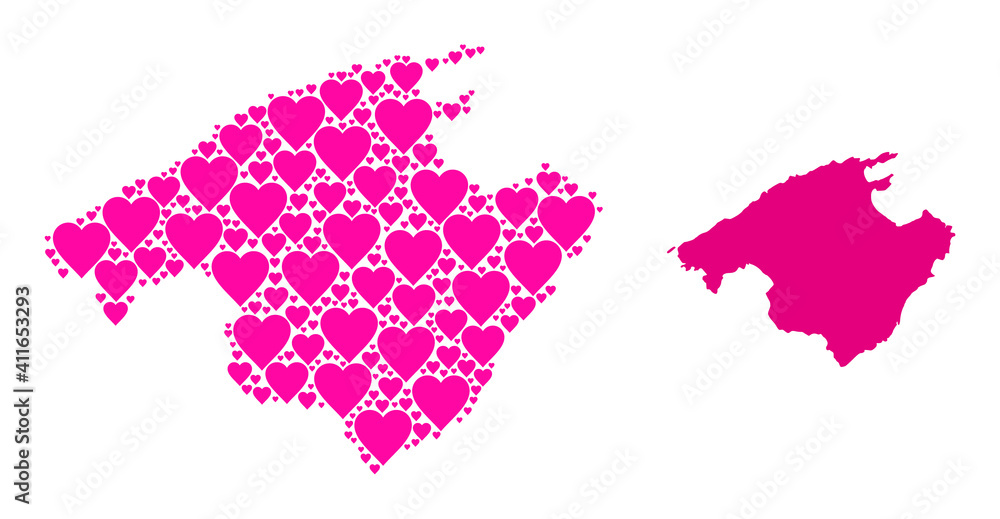 Love mosaic and solid map of Majorca. Mosaic map of Majorca is formed with pink love hearts. Vector flat illustration for love abstract illustrations.