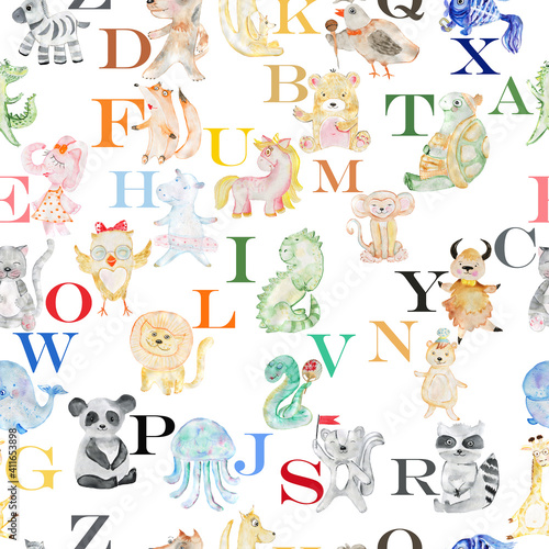 Seamless pattern with animals  birds and alphabet letters. Watercolor.