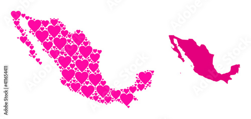 Love pattern and solid map of Mexico. Mosaic map of Mexico is formed with pink hearts. Vector flat illustration for love concept illustrations.