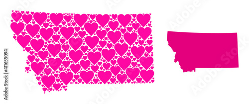 Love mosaic and solid map of Montana State. Collage map of Montana State is composed with pink love hearts. Vector flat illustration for dating conceptual illustrations.