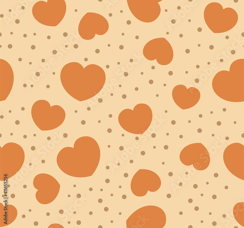 Endless seamless pattern of hearts of different sizes. Orange vector hearts on yellow. Wallpaper for wrapping paper. Background for Valentine's Day