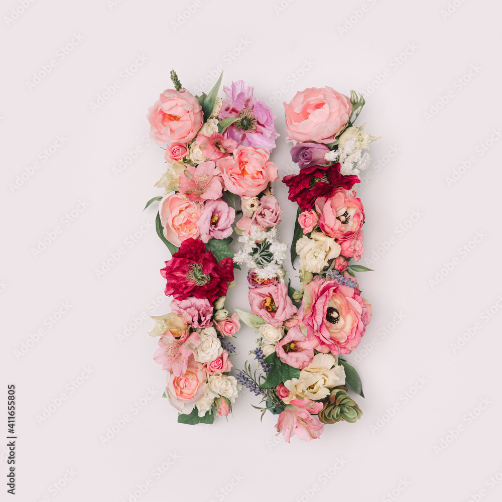 Letter N made of real natural flowers and leaves. Flower font concept. Unique collection of letters and numbers. Spring, summer and valentines creative idea. Letter N made of real natural flowers and leaves. Flower font concept. Unique collection of letters and numbers. Spring, summer and valentines creative idea.
