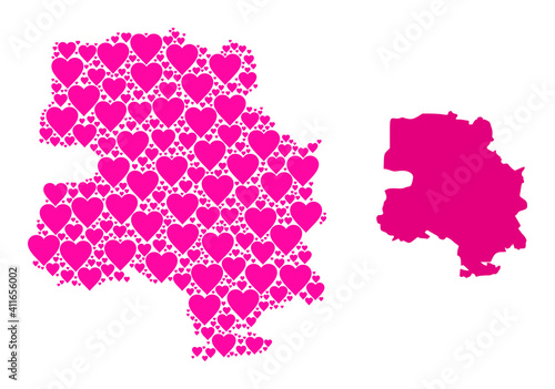 Love mosaic and solid map of New Delhi City. Mosaic map of New Delhi City is formed with pink lovely hearts. Vector flat illustration for marriage conceptual illustrations.