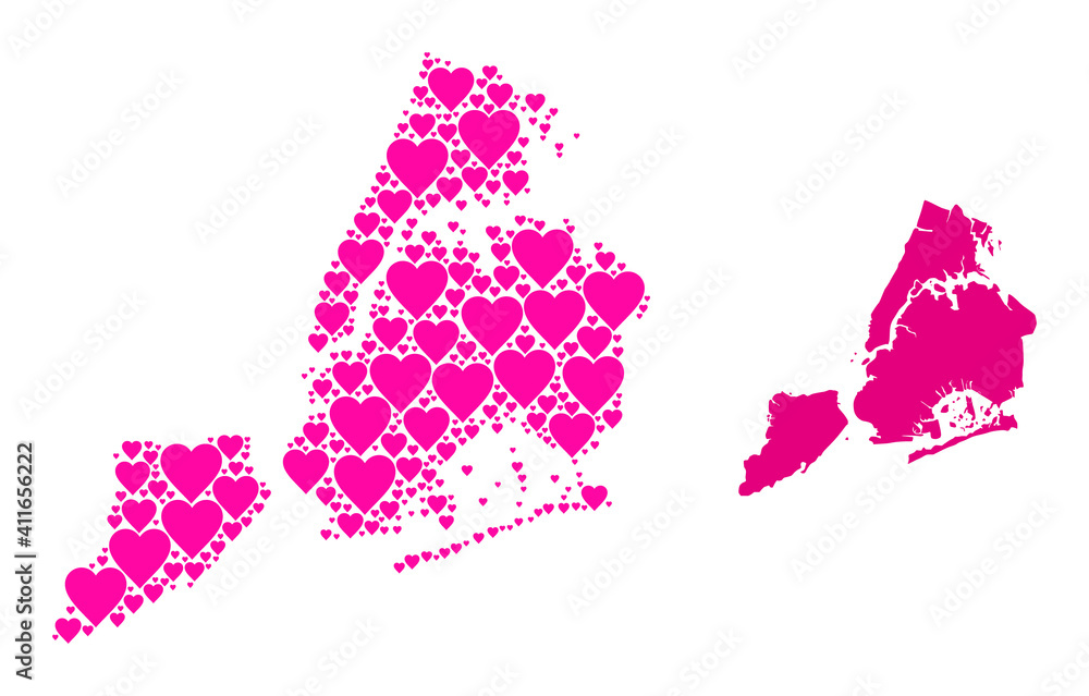 Obraz premium Love mosaic and solid map of New York City. Mosaic map of New York City formed with pink lovely hearts. Vector flat illustration for love conceptual illustrations.