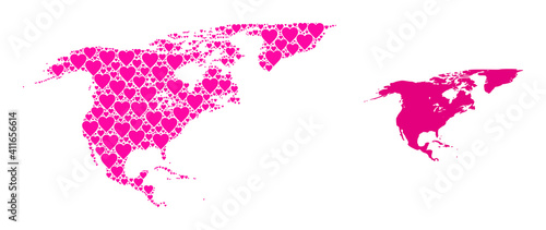 Love collage and solid map of North America and Greenland. Mosaic map of North America and Greenland is formed with pink love hearts. Vector flat illustration for marriage concept illustrations.