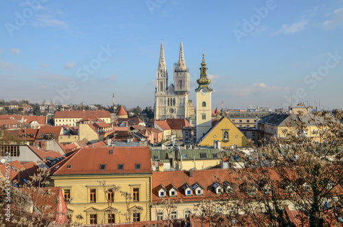 Zagreb historic upper town. Zagreb cathedral and Kaptol, aerial view. Zagreb, capital city of Croatia. Panorama