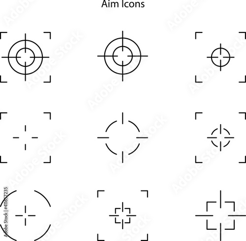 Sniper aim on white background. Target icons. Focus symbol in circle. Isolated gun shoot aim set. Bullseye vision collection. Round aiming focus. Vector illustration.