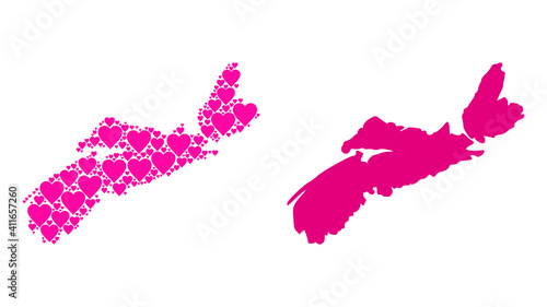 Love pattern and solid map of Nova Scotia Province. Collage map of Nova Scotia Province designed with pink lovely hearts. Vector flat illustration for love conceptual illustrations.