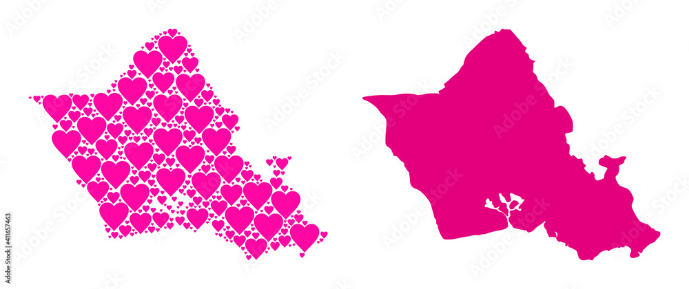 Love mosaic and solid map of Oahu Island. Collage map of Oahu Island composed with pink valentine hearts. Vector flat illustration for marriage conceptual illustrations.