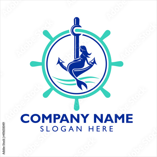 illustration of a mermaid at the helm of the ship, logo template for nautical or seafood.