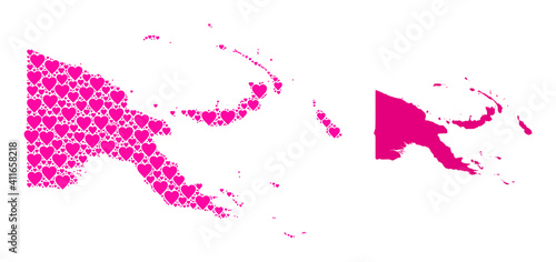 Love mosaic and solid map of Papua New Guinea. Collage map of Papua New Guinea designed with pink love hearts. Vector flat illustration for love concept illustrations.