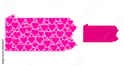 Love mosaic and solid map of Pennsylvania State. Mosaic map of Pennsylvania State is formed with pink hearts. Vector flat illustration for marriage conceptual illustrations.