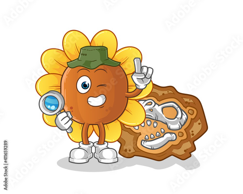 sun flower archaeologists with dinosaur fossils mascot. cartoon vector