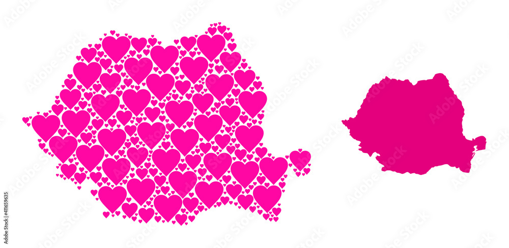 Love collage and solid map of Romania. Mosaic map of Romania is created with pink valentine hearts. Vector flat illustration for dating concept illustrations.