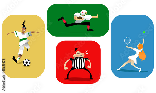 Set of athletes illustration. Spot illustrations isolated vector cartoons. Children kid friendly illustration playing sports. Colorful set of athletes playing various sports. (ID: 411659678)