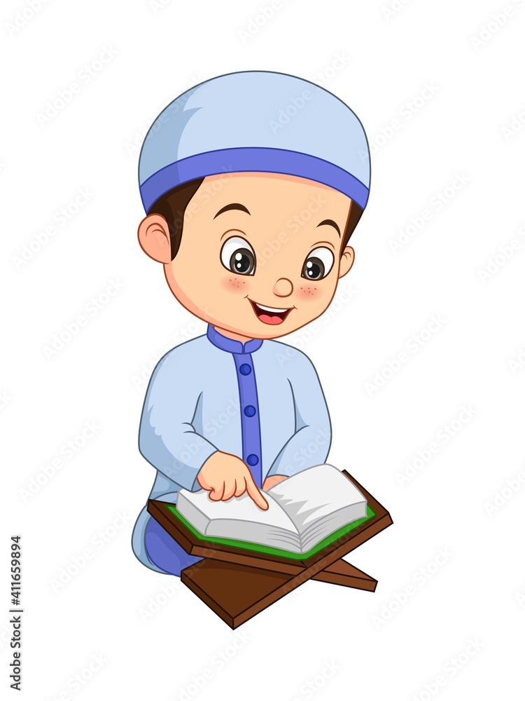 Cartoon Muslim boy reading Quran Cartoon Muslim boy reading Quran