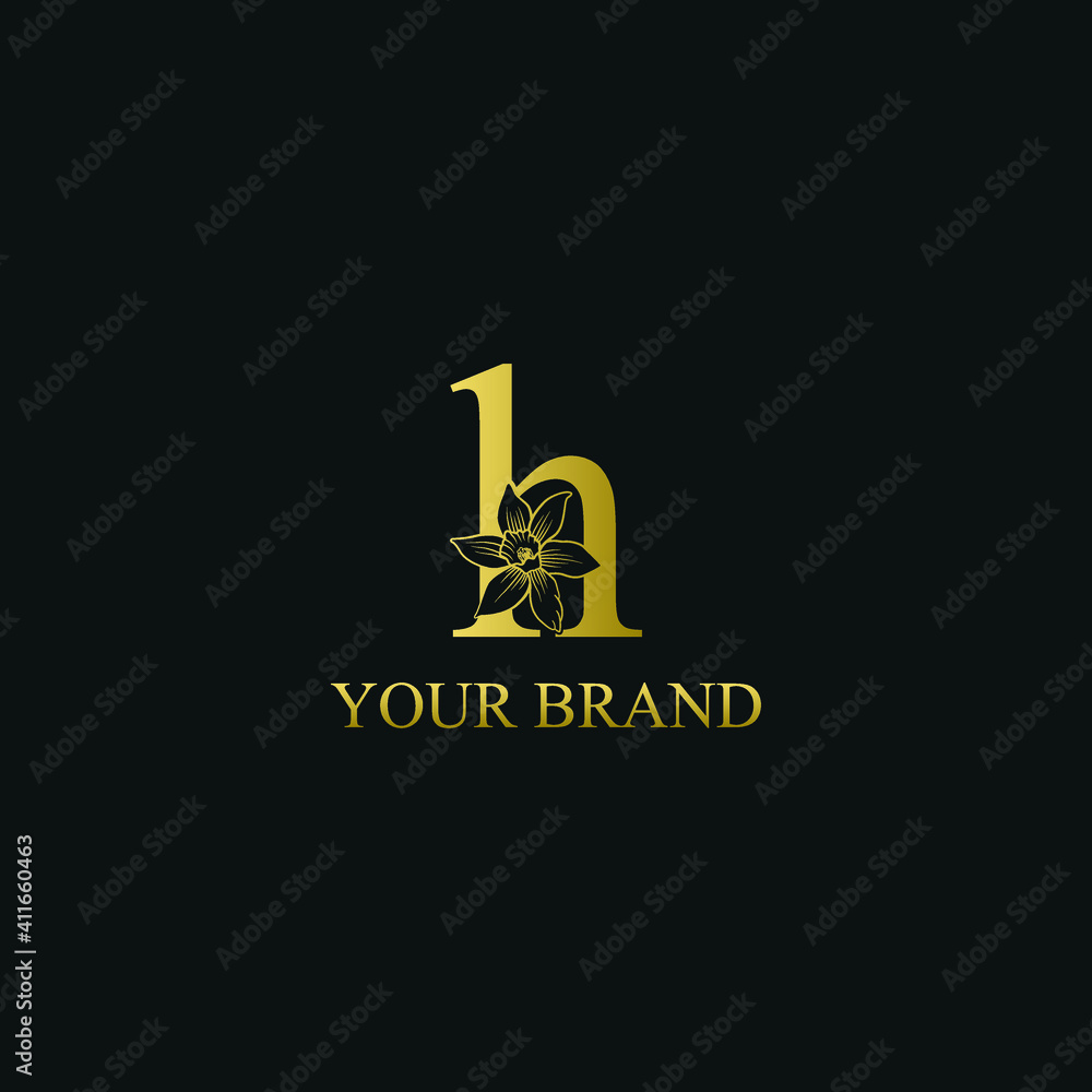 Golden Luxury Initial letter h with March Daffodils narcissus flower for cosmetic, Jewelry, boutique, hotel logo concept vector Golden Luxury Initial letter h with March Daffodils narcissus flower for cosmetic, Jewelry, boutique, hotel logo concept vector