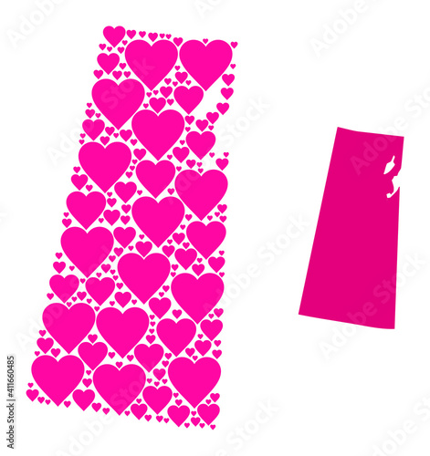 Love mosaic and solid map of Saskatchewan Province. Mosaic map of Saskatchewan Province composed with pink love hearts. Vector flat illustration for love conceptual illustrations.
