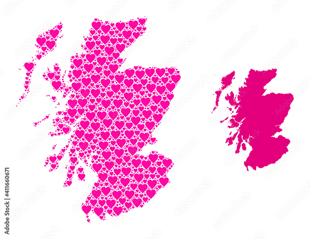 Love collage and solid map of Scotland. Collage map of Scotland is created with pink hearts. Vector flat illustration for love abstract illustrations.