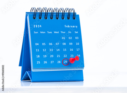 A blue calendar on February 29, 2024 on a leap year or leap day on a white background.