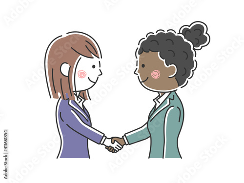 握手をする日本人と黒人のビジネスウーマンのイラスト