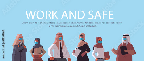 arabic businesspeople wearing protective masks to prevent coronavirus pandemic arabic colleagues standing together horizontal portrait copy space vector illustration