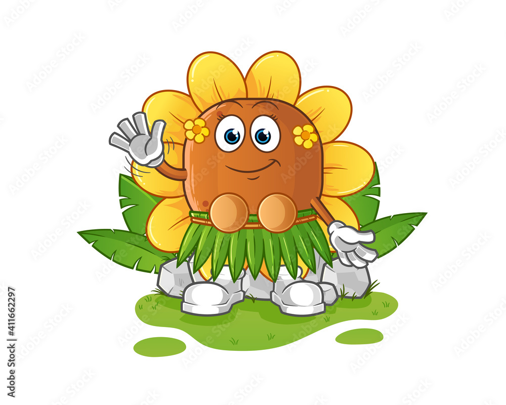 Obraz premium sun flower hawaiian waving character. cartoon mascot vector