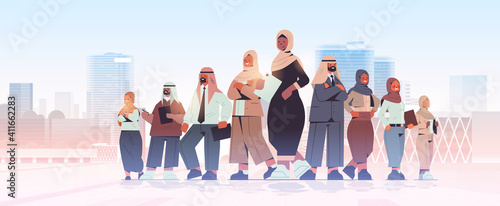 arab businesswoman team leader standing in front of arabic businesspeople leadership concept cityscape background horizontal full length vector illustration