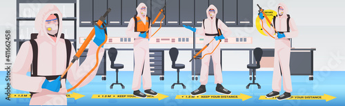 professional cleaners in hazmat suits janitors cleaning and disinfecting coronavirus cells office interior horizontal full length vector illustration