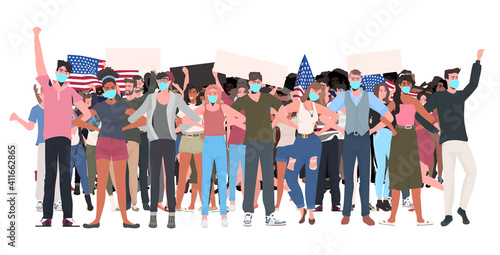 mix race people crowd in masks holding empty banners labor day celebration coronavirus quarantine concept full length horizontal vector illustration © mast3r