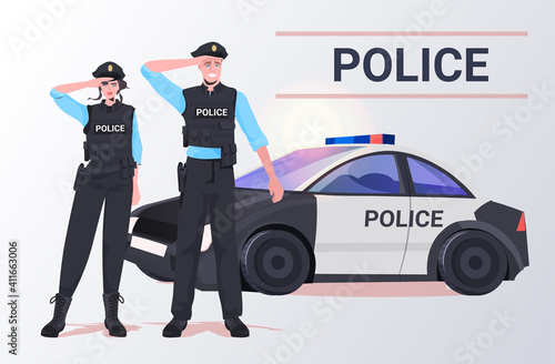 police officers in tactical gear riot policeman and policewoman standing together near car protesters and demonstration control concept full length horizontal vector illustration