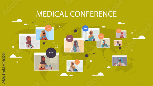 team of arabic doctors in web browser windows discussing during video conference medicine healthcare concept world map background horizontal portrait vector illustration