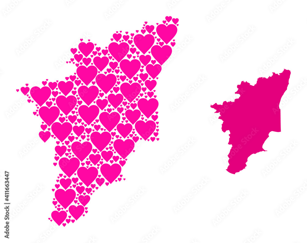 Love collage and solid map of Tamil Nadu State. Collage map of Tamil Nadu State is created with pink love hearts. Vector flat illustration for marriage conceptual illustrations.